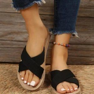 Black Open Toe Flat Sandals Slip On Mule Slipper Weave Criss Cross Strap Slides